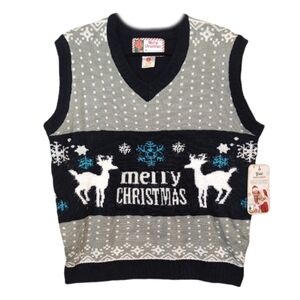 NEW Ugly Christmas Sweater Vest Merry Christmas Reindeer Black Mens Large